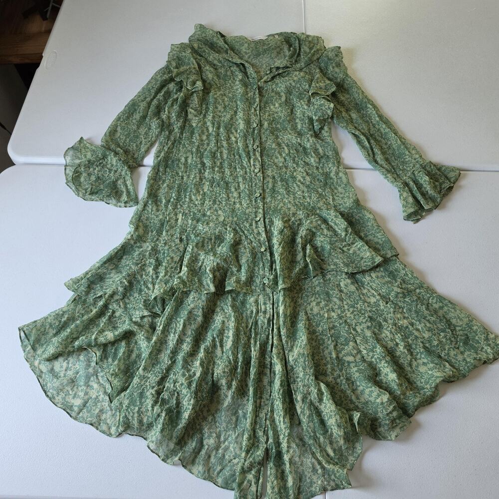 Rebecca Taylor Dress Womens 6 Green Silk Floral Ruffle Hi Low Maxi Chiffon